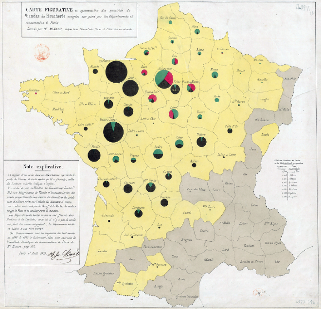 &ldquo;Carte figurative et approximative des quantités de viandes de boucherie envoyées sur pied par les départements et consommateurs à Paris,&rdquo; traducido como &ldquo;Mapa figurativo y aproximado de las cantidades de carne de carnicero enviadas a pie por los departamentos y consumidores de París,&rdquo; por Charles Minard, 1858. Fuente: Wikimedia Commons.