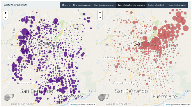 Orígenes y Destinos en viajes en Transantiago. Fuente: Eduardo Graells-Garrido y Alonso Astroza.