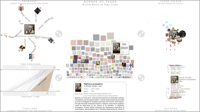 The Bohemian Bookshelf de Alice Thudt. ¿Cómo comenzar a navegar en una biblioteca utilizando <em>touch screens</em>? http://www.alicethudt.de/BohemianBookshelf/.