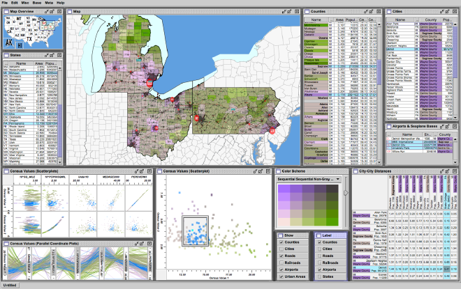 Improvise, un sistema de Vistas Coordinadas y Selecciones Compartidas. Fuente: C. Weaver. Building Highly-Coordinated Visualizations In Improvise.