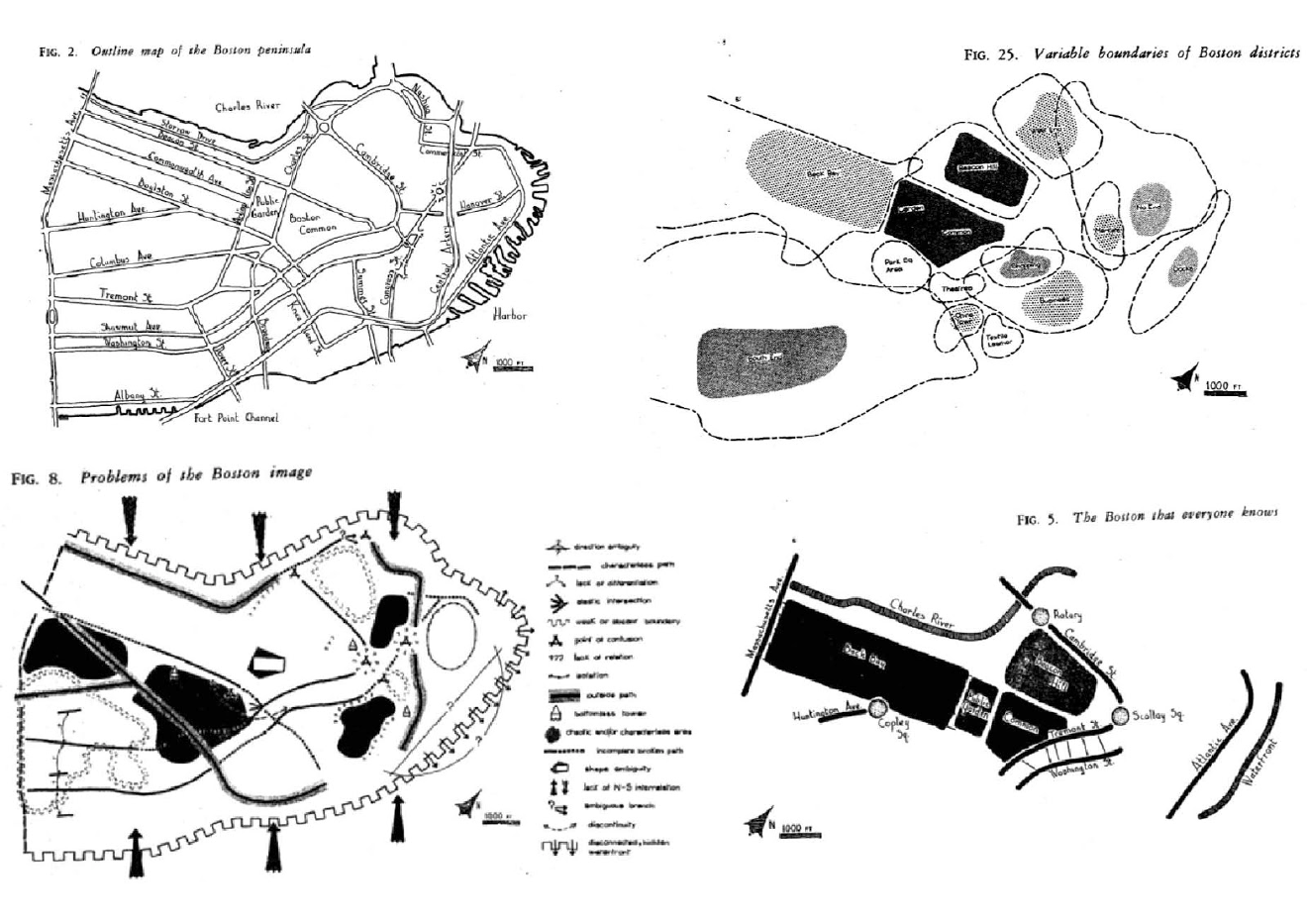 Mapas mentales de Boston por Kevin Lynch, ilustrados con lo que la gente imaginaba y recordaba de la ciudad (sus propias abstracciones).