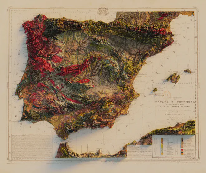 Mapa Geológico de España y Portugal - por el Ingeniero de Minas D. Federico de Botella y de Hornos - la parte geográfica por D. Francisco Coello - 1879. Recreado por Sean Comway: https://twitter.com/geo_spatialist.