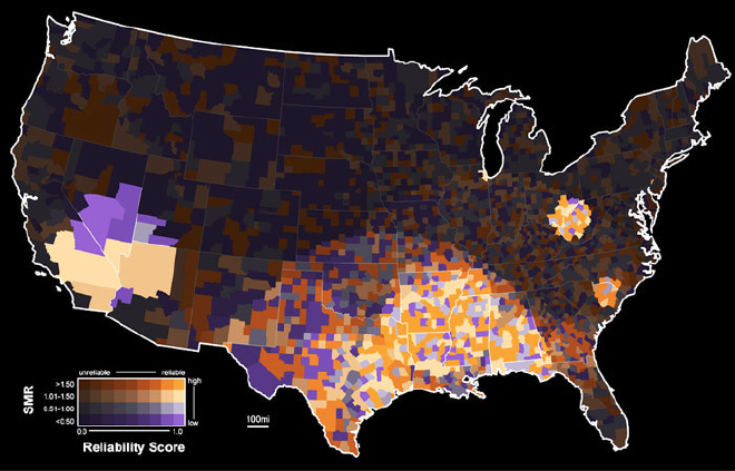 Mapa de Coropletas tipo value-by-alpha. Fuente: Andy Woordruff.