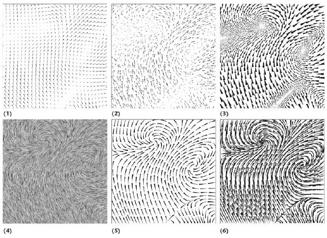 Formas de visualizar campos y flujos dentro de éstos. Fuente: R. Moorhead et al, &ldquo;<em>Visualization Research Challenges: A Report Summary</em>,&rdquo; in Computing in Science & Engineering, vol. 8, pp. 66-73, 2006.