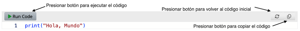 Botones de ejecutar, reiniciar y copiar en un entorno de código Python.
