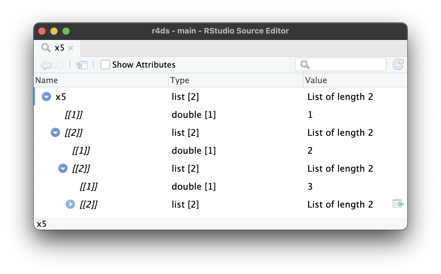 Another screenshot, having expanded the grandchild of x5 to see its two children, again a double vector and a list. 