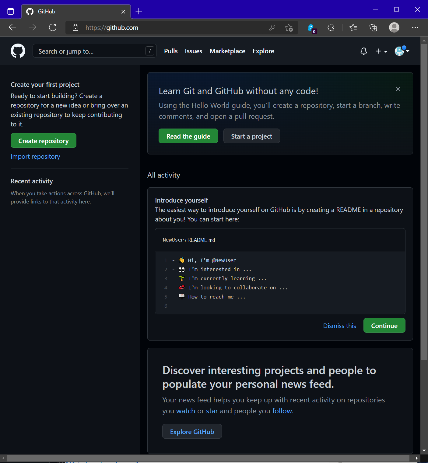 Dashboard de GitHub tras el registro